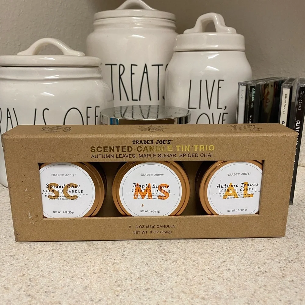 Trader Joe’s Fall Candle Tin Trio | Autumn Leaves Maple Sugar Chai NIB